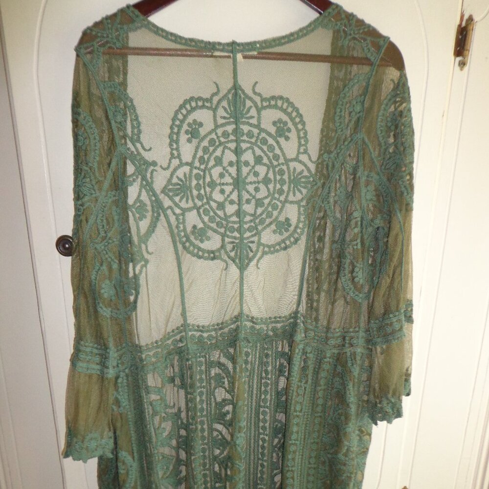 NWOT Indigo Thread Co. Sheer Embroidery Boho Open Duster XS Green  Long Sleeves - Picture 3 of 16
